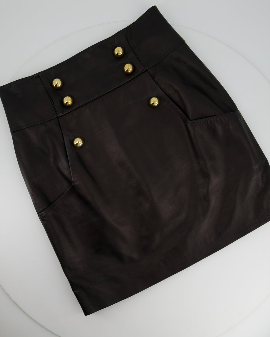 Alexandre Vauthier Black Leather Mini Skirt with Gold Buttons FR 42 (UK 12)