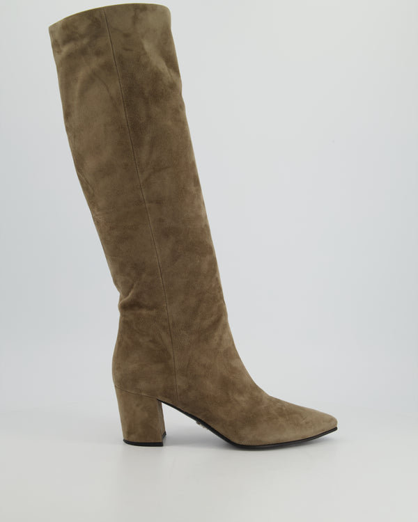 Prada Grey Suede Knee Length Pointed Toe Boots Size EU 38