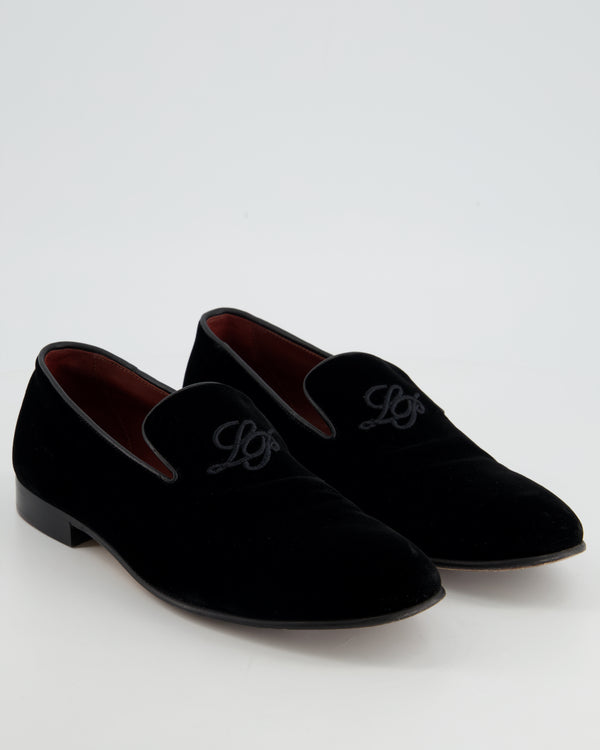 Loro Piana Black Velvet Loafers with LP Embroidery Detail Size EU 38.5