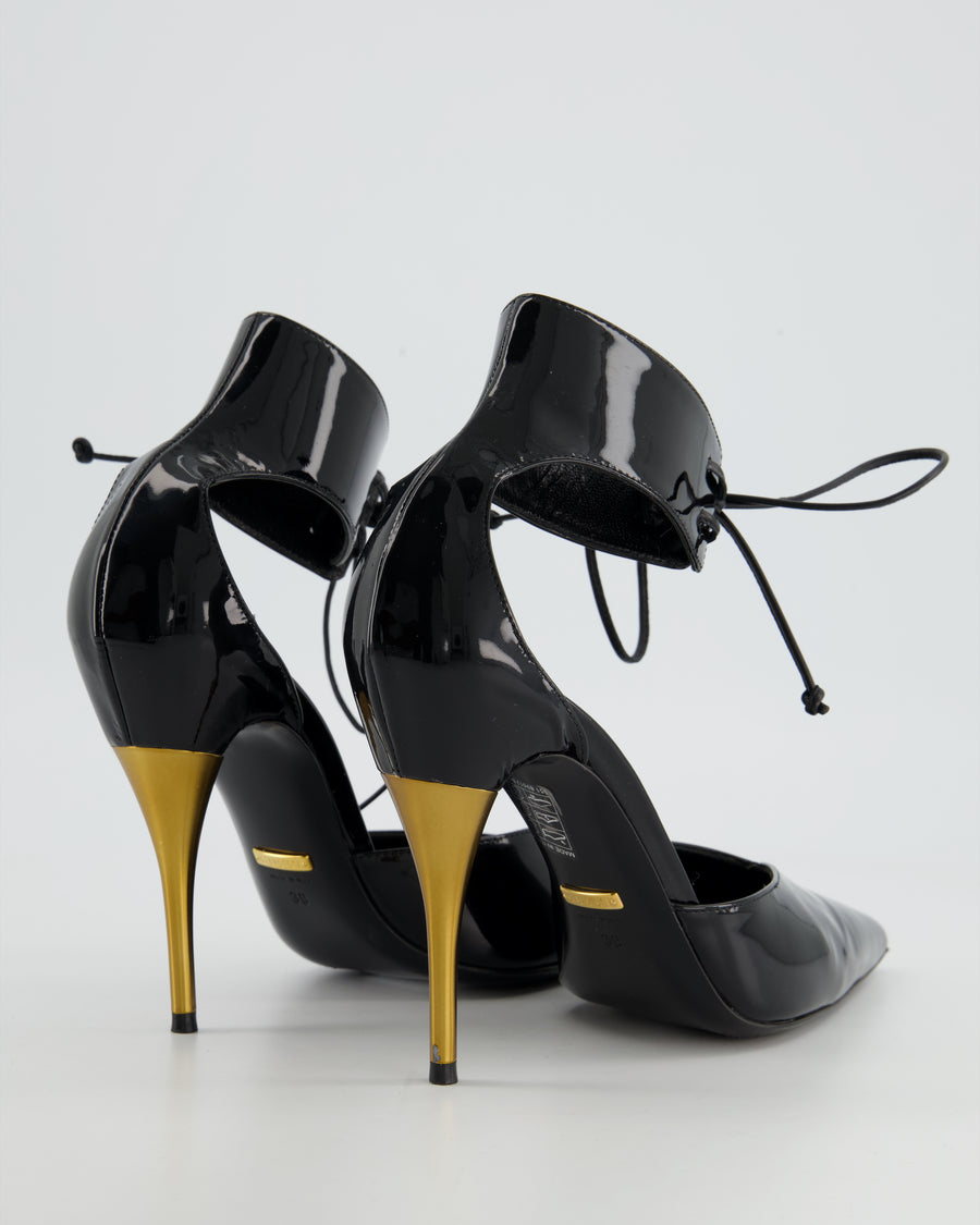 Gucci Black Patent Leather Heels With Gold Heels & Ankle Strap Detailing Size EU 39