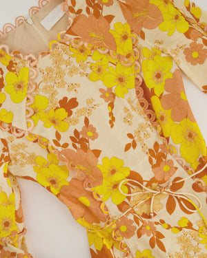 Zimmermann Orange Floral Long Sleeve Round Neck Dress with Scalloped Detailing FR 38 (UK 10)