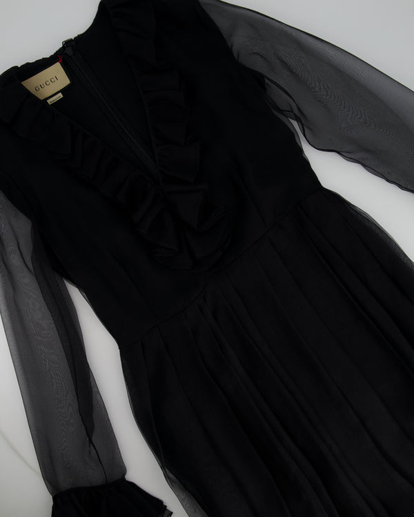 Gucci Black Chiffon Ruffle Long Sleeve Midi Dress Size IT 40 (UK 8)