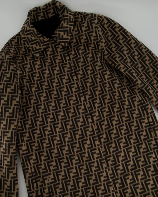 Fendi Black and Brown Monogram Reversible Wool Coat with Leather Pocket Detail IT 38 (UK 6)
