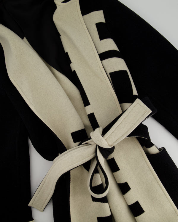 Helmut Lang Black & White Wool Long Coat with Belt and Logo Detail Size S (UK 8 - 10)