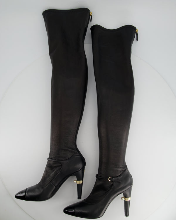 Chanel Black Leather CC Logo and Pearl Heeled Boots Size EU 39