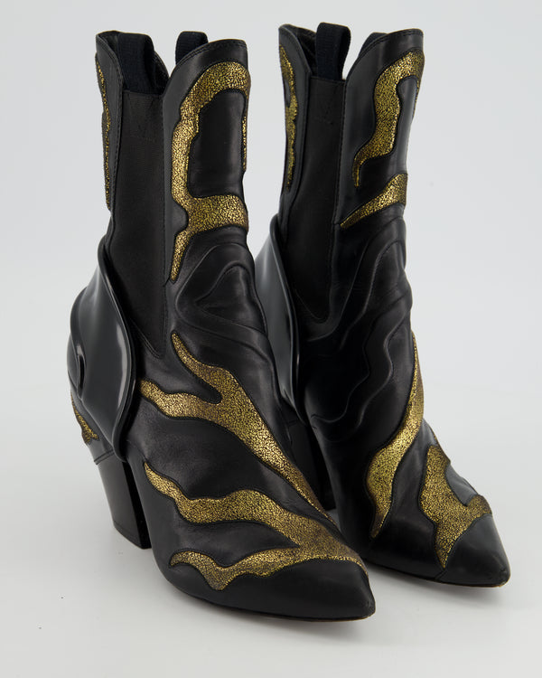 Louis Vuitton Black and Gold Fireball Leather Cowboy Boots Size EU 37.5