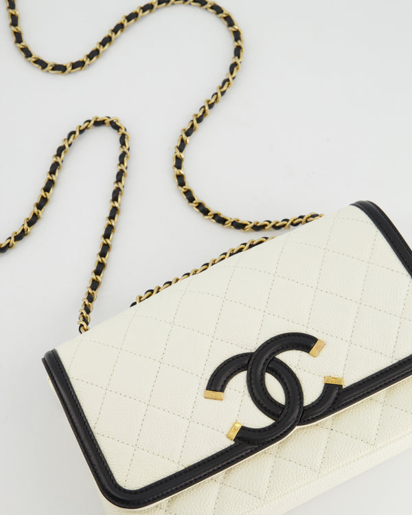 *FIRE PRICE* Chanel White and Black Filigree Single Flap Bag in Caviar Leather and Brushed Gold Hardware