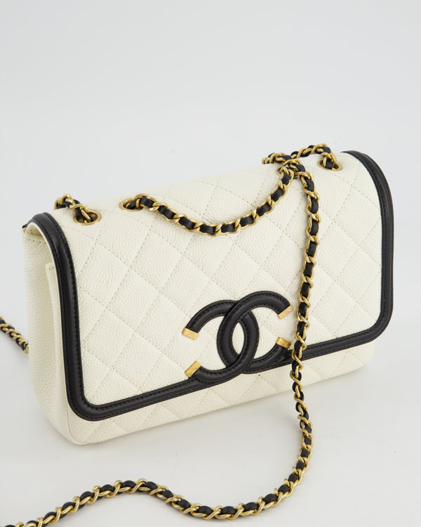 *FIRE PRICE* Chanel White and Black Filigree Single Flap Bag in Caviar Leather and Brushed Gold Hardware