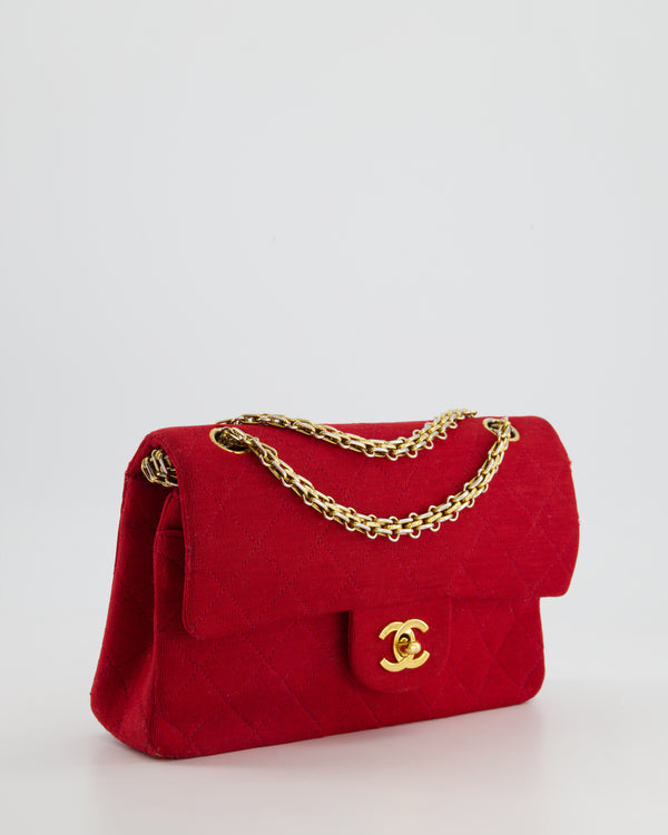 Chanel Red Jersey Fabric Vintage Small Double Classic Flap Bag with 24K Gold Hardware