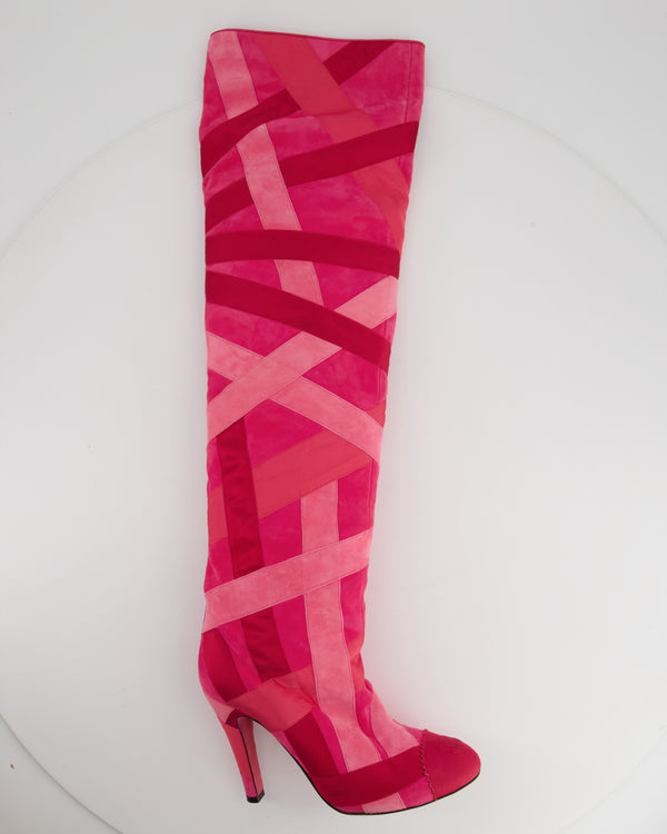 *FIRE PRICE* Chanel Pink and Red Satin and Suede Patchwork Thigh High Heeled Boots Size EU 38.5