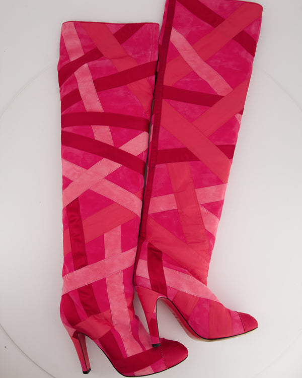 *FIRE PRICE* Chanel Pink and Red Satin and Suede Patchwork Thigh High Heeled Boots Size EU 38.5