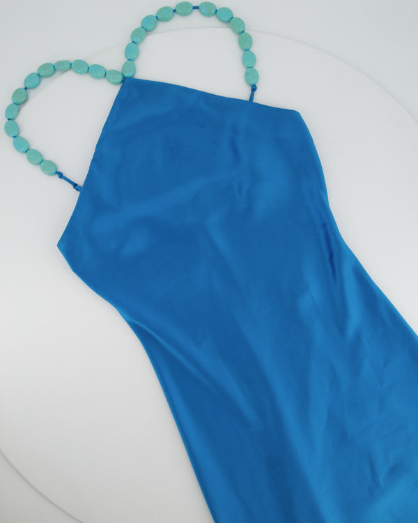 Staud Blue Cadence Halterneck Satin Long Dress with Studs Detail Size US 4 (UK 8)