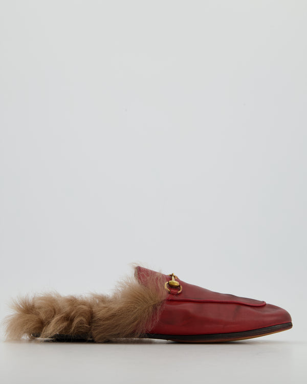 *FIRE PRICE* Gucci Burgundy Princetown Horsebit Shearling-Lined Leather Backless Loafers Size EU 39 RRP £815