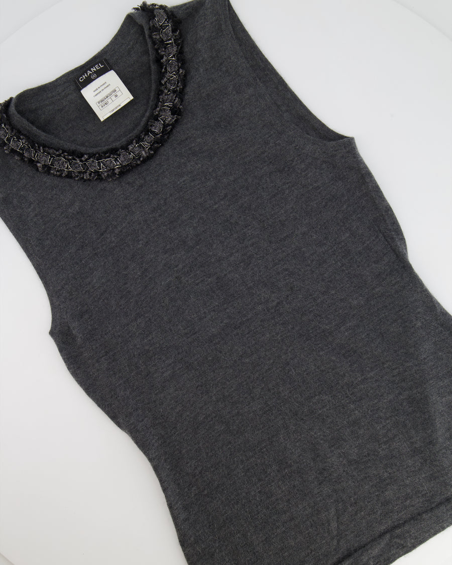 Chanel Grey Cashmere Top with Collar Embellishments and Sequin CC Logo Size FR 36 (UK 8)