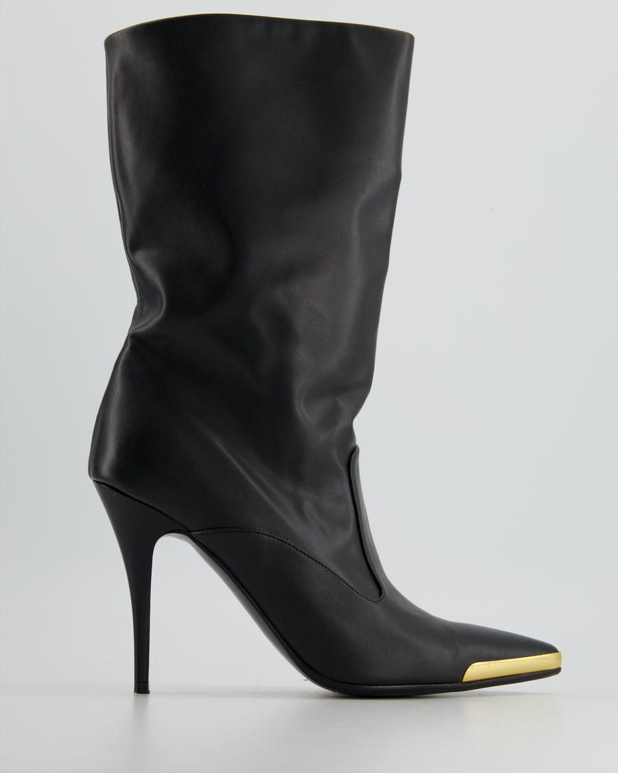 Stella McCartney Black Pointed Leather Mid Ankle Boots and Gold Toe Details Size EU 37.5