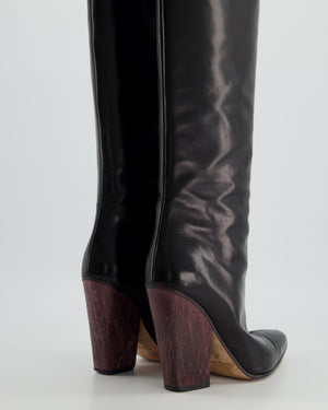 Magda Butrym Black Knee High Pointed Toe Boots with Wooden Heel Detail Size EU 37