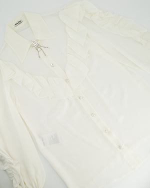 Miu Miu White Silk Blend Long Sleeve Blouse with Ruffle and Crystal Detail Size IT 38 (UK 6)