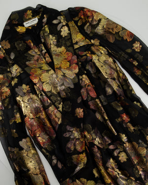 Saint Laurent Black Silk Sheer Tie-Neck Blouse with Gold Metallic Floral Print Size FR 36 (UK 8)
