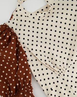 Rejina Pyo Cream, Brown Polka Dot Long-Sleeve Midi Dress Size UK 10