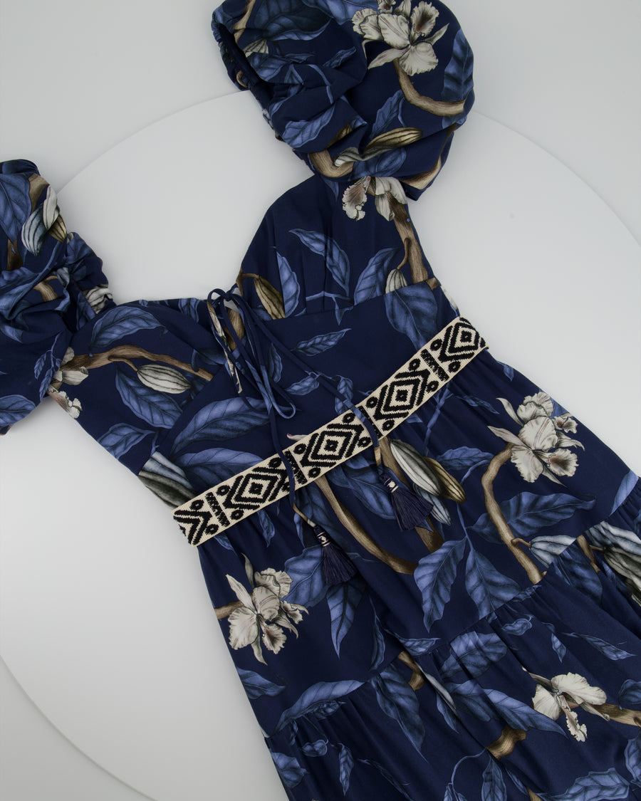 Johanna Ortiz Navy Blue Floral Print Tiered Maxi Dress with Belt Size US 2 (UK 6)