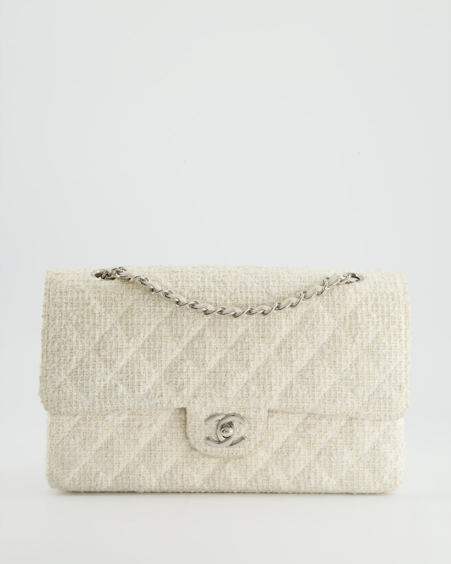 Vintage Chanel Medium Double Flap Bag White Tweed Silver Hardware in 2023