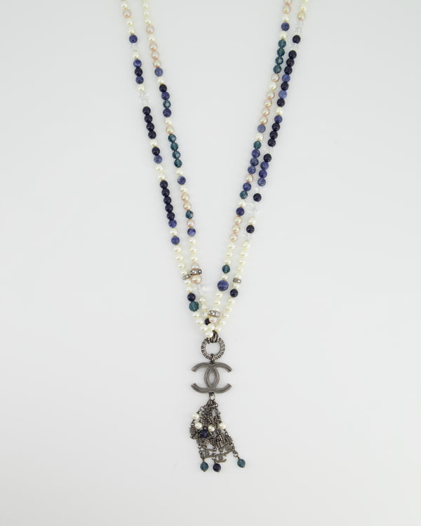 Chanel Navy and White Pearl Long Necklace with Antique Silver CC Logo and Tassel