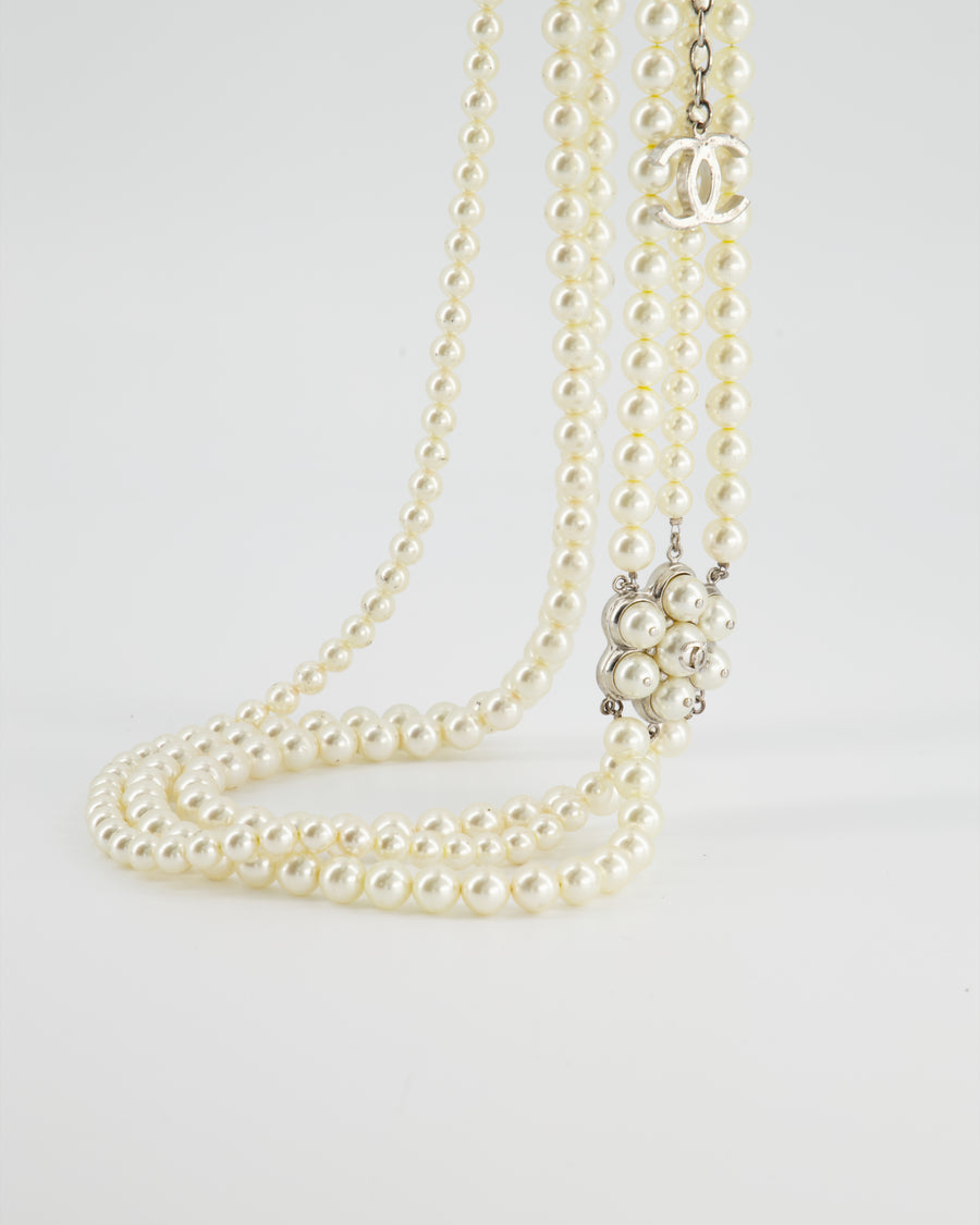 Chanel White Pearl Brooch Necklace with Ruthenium CC Logo Details