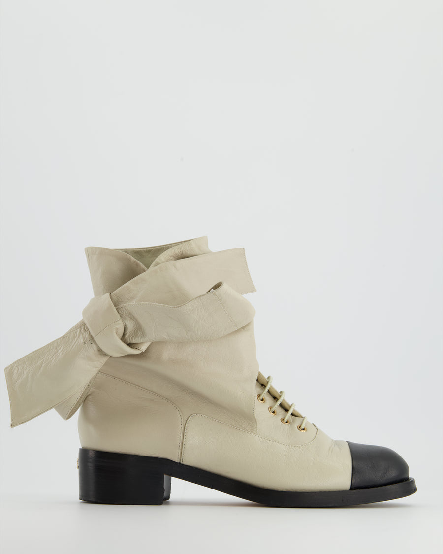 Chanel Grey and Black Calfskin Leather Laced Combat Boots with CC Logo –  Sellier
