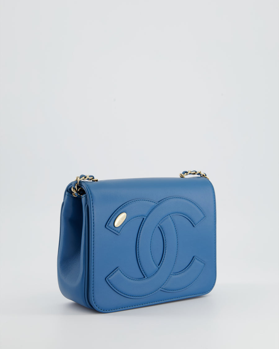 Chanel Blue Teal Lambskin Leather Stitched Logo Square Full Flap Bag w –  Sellier
