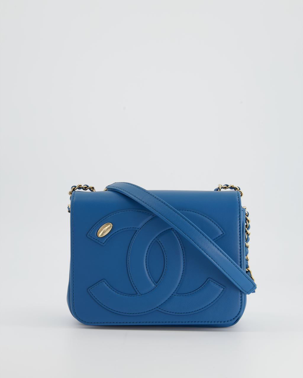 Chanel Blue Teal Lambskin Leather Stitched Logo Square Full Flap Bag w –  Sellier
