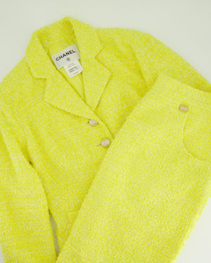 *RUNWAY PIECE* Chanel Cruise 2012 Yellow, White Tweed Skirt and Jacket Set with Logo Crystal Buttons Size FR 38 (UK 10)