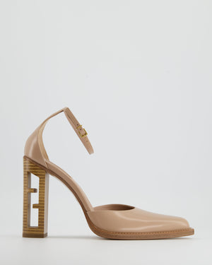 Fendi Beige Leather Heels with Wooden FF Cut Out Heel Details Size EU 39