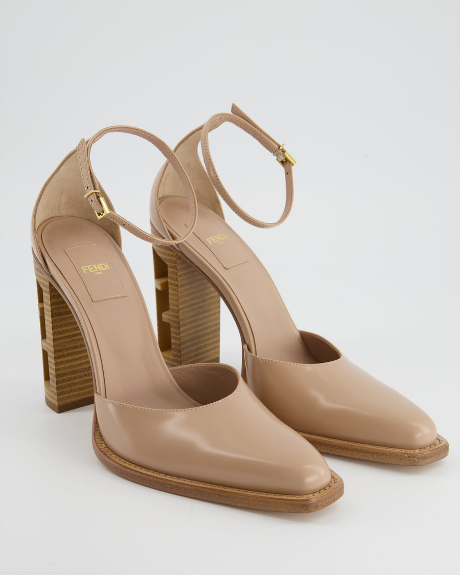 Fendi Beige Leather Heels with Wooden FF Cut Out Heel Details Size EU 39