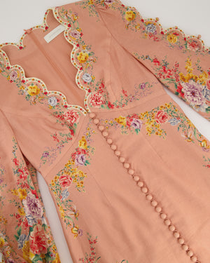 Zimmermann Peach Floral Print Linen Scalloped Edge Long-Sleeve Dress Size 3 (UK 14)