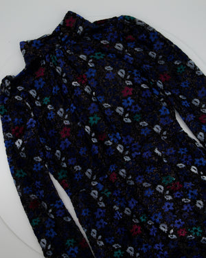 Prada Metallic Black, Navy Floral Print Long-Sleeve Midi Dress with Slip Size IT 40 (UK 8)