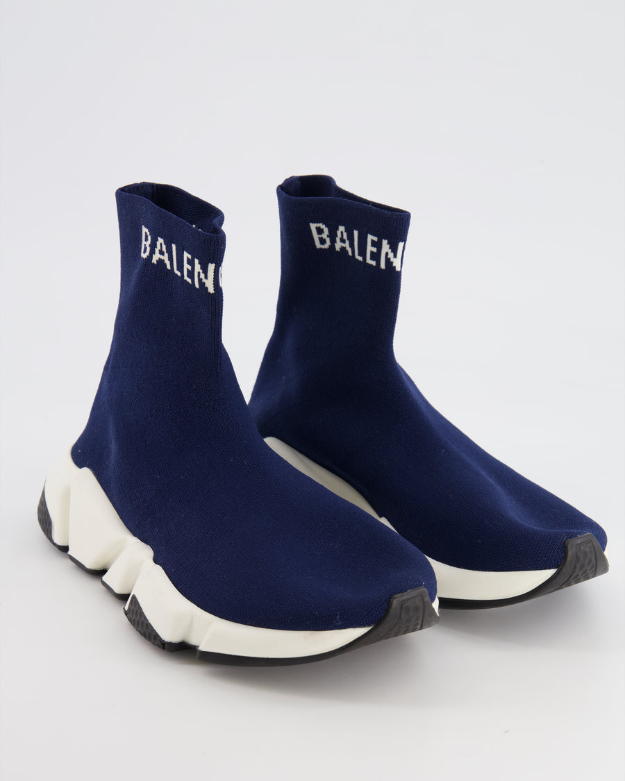 Balenciaga Navy Knit Logo Speed Trainers Size EU 35 RRP £650