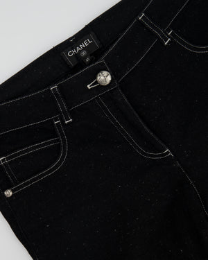 Chanel Black Speckled Denim Straight Leg Jeans with White Stitch Detail Size FR 40 (UK 12)