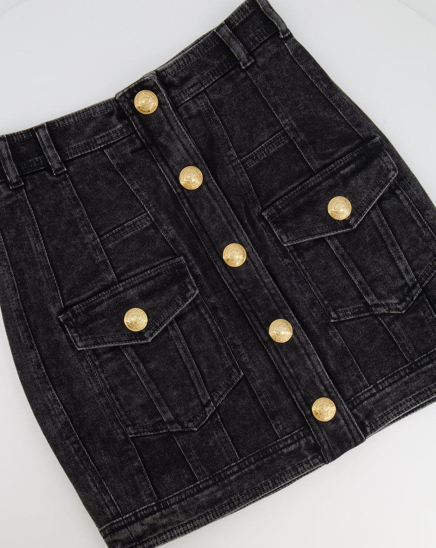 Balmain Grey Denim Mini Skirt with Gold Button Details Size FR 36 (UK 8)