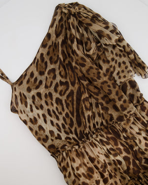 Dolce & Gabbana Brown Silk Leopard Asymmetric Tiered Midi Dress Size IT 44 (UK 12)