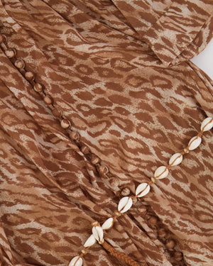 Zimmermann Brown Leopard Short-sleeve Mini Dress with Shell-embellished Belt Size 0 (UK 8)