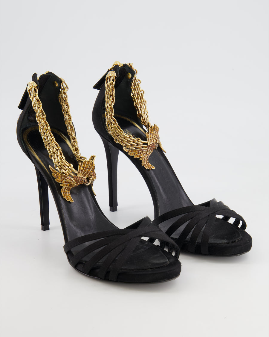 Roberto Cavalli Black Sandal Heels with Crystal Gold Ankle-Strap Details Size 39.5