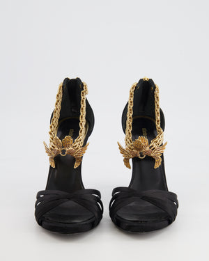 Roberto Cavalli Black Sandal Heels with Crystal Gold Ankle-Strap Details Size 39.5
