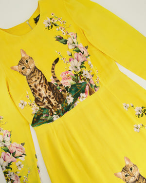 Dolce & Gabbana Yellow Long Sleeve Midi Dress with Cat and Floral Print Size IT 42 (UK 10)