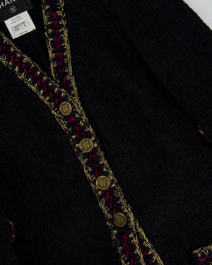 Chanel Black Tweed Jacket with Antique Gold CC Logo Button and Red and Gold Collar Details FR 38 (UK 8)