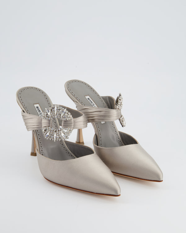 Manolo Blahnik Grey Maidu 105 Crystal Buckle Silk Satin Mules Size EU 40