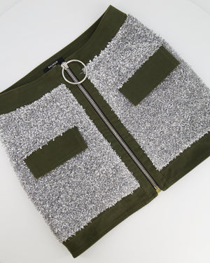 Balmain Silver Sequin and Khaki Mini Skirt with Zip Detail Size FR 34 (UK 6)