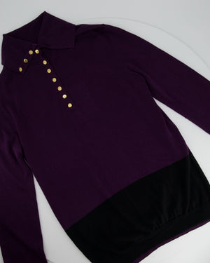 Louis Vuitton Purple and Black Fine Knit Long Sleeve Jumper with Gold Logo Buttons Size M (UK 10)