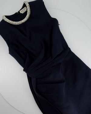 Alexander McQueen Navy Silk Midi Dress with Ruching and Silver Diamante Neck Detail Size IT 38 (UK 6)