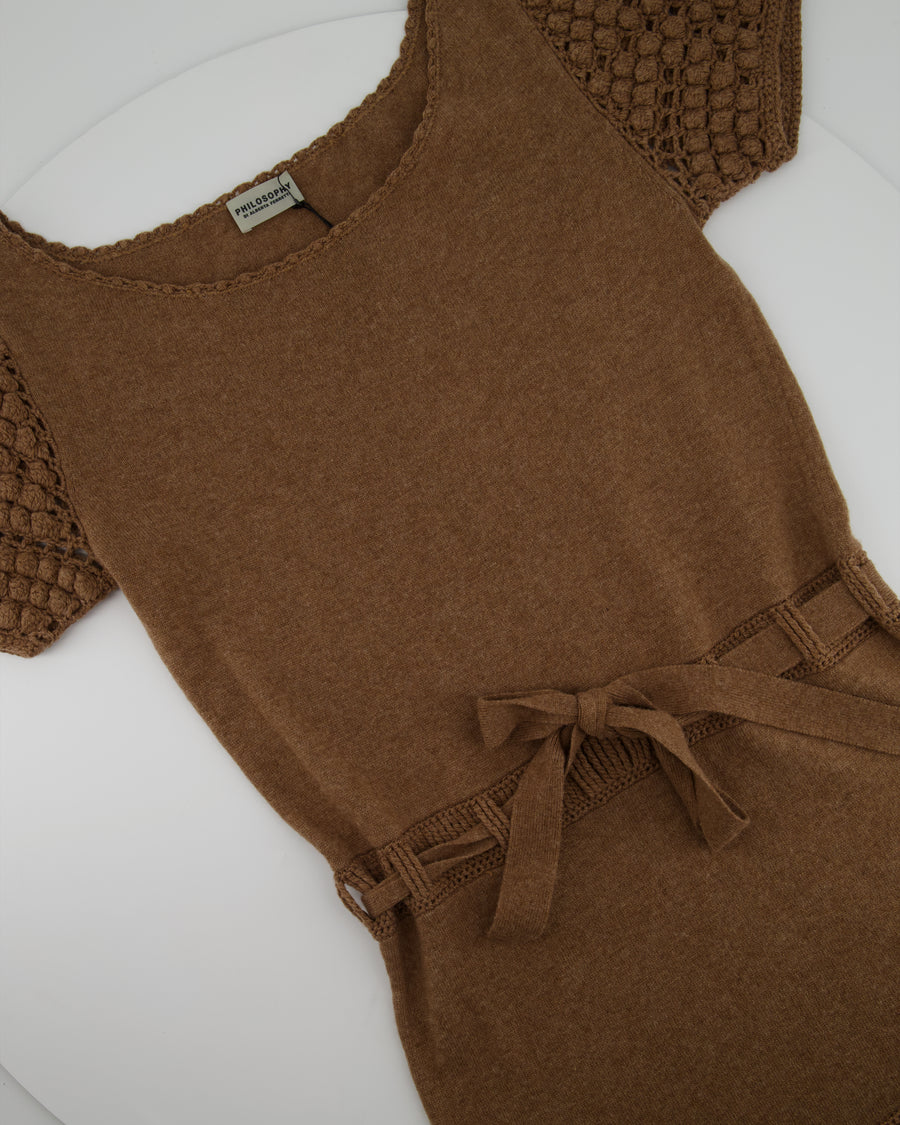 Philosophy Brown Short-Sleeve Knitted Mini Dress with Belt Size UK 8