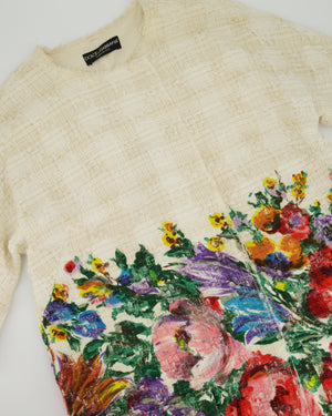 Dolce & Gabbana Cream Tweed Short Sleeve Long Jacket With Floral Print Detail Size IT 38 (UK 6)